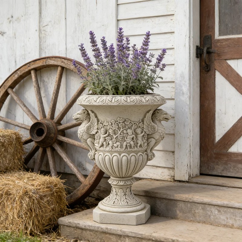 Griffin & Cherub Resin Urn Planter - Stone-Effect Finish, Renaissance