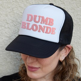NACRE APPAREL Dumb Blonde Puff Print Trucker Hat Foam Vinyl Adjustable Trucker Hat Soft Pink/White/Soft Pink #215