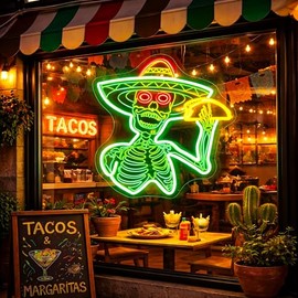 Gdbkabf - Letrero de neón con calaveras de tacos, para decoración de pared, letreros LED de taco, esqueleto mexicano, para restaurantes de México, coc