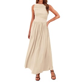 BTFBM Women 2025 Summer Sleeveless Ruched Maxi Dresses Boat Neck High Waist Wedding Guest Cocktail Tank Dress Pockets(Beige, XX-Large)