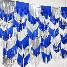 Silver Blue Tassel Backdrop Tissue Paper Metallic Foil Fringe Tinsel Garland Streamer Banner for Birthday Graduation Wedding Baby Shower Bachelorette Engagement Nautical Party Decorations Supplies