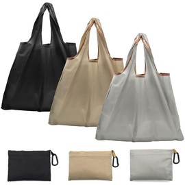 YDHfdc 3PCS Large Reusable Shopping Bags Waterproof Foldable Shopping Bags with Attached Pouch Foldable Tote Bag Washable Shopper Bag for Storage (Black/Gray/khaki)