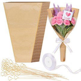 50 PCS Flower Wrapping Paper Sleeves for Bouquets, Kraft Flower Sleeves for Bouquets with 50Pcs Floral Card Holder Picks and Ribbons, Floral Packing Sleeve for Flower Bar, Mother's Day, Valentine, 17.7x9.4x3.5 inch