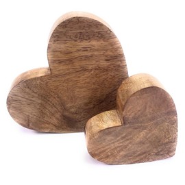 Set of 2 Decorative Hearts for Standing Up Decorative Hearts Solid Mango Wood Standing in 15 and 10 cm, Thickness 2.5 cm