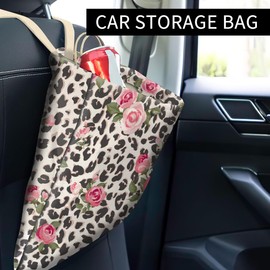 ABUIFDK Car Trash Can, Cute Car Trash Bag, Hanging Car Organizer and Storage Bag, Trash Bin for Car Accessories, Vehicle, Travelling, Camping Pink Rose and Leopard