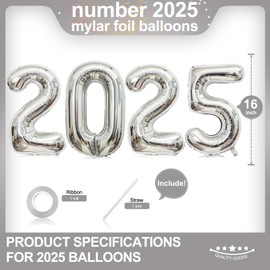 2025 Balloons, 16 Inch Silver 2025 Number Balloons, 2025 Silver Balloons,2025 New Year Silver Balloons for New Year Eve Party Supplies 2025, New Years 2025, Christmas, Graduations Decorations