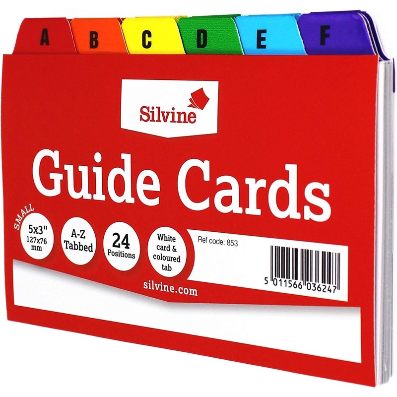 Silvine 5x3" Guide Cards in plain white, Tabbed A-Z. Ref