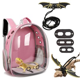 kathson Bearded Dragon Carrier with Harness and Leash Set, Large Reptile Travel Carrier Portable Lizard Backpack Clear Small Animals Carrying Bag for Gecko Hamster Rabbit Hedgehog Kitten (Pink)