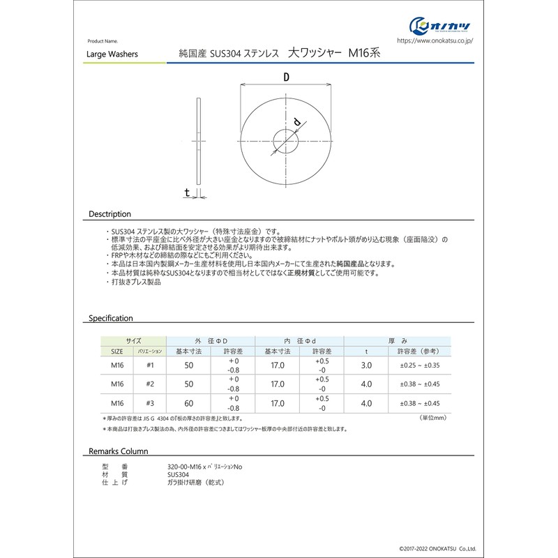 Onokatsu Genuine Domestic SUS304 Stainless Steel Large Washer for M16