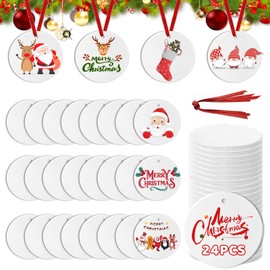 24PCS Sublimation Blanks, Christmas Decorations Sublimation Ornament Blanks, Ceramic Sublimation Blank Ornaments for Christmas Tree, 7.5cm White Christmas Tree Ornaments Decor for DIY Crafts