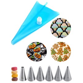 Royal Icing Piping Bags and Tips Set with 6 Small Piping Tip for Writing,Sugar Cookie Decorating,Macarons,1 Reusable Icing Bag & Coupler