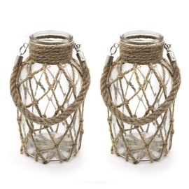 Funsoba Rustic Hanging Mason Nautical Jar Rope Net Dry Flower Glass Vase with Handle Pack of 2 (2 Vase 8")
