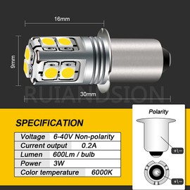 Ruiandsion White P13.5S LED Flashlight Bulb, 6-40V Universal Upgrade (6V/9V/12V/18V/19.2V/24V) Non-Polarity Replacement for Flashlight, Torch, Lantern & Work Light