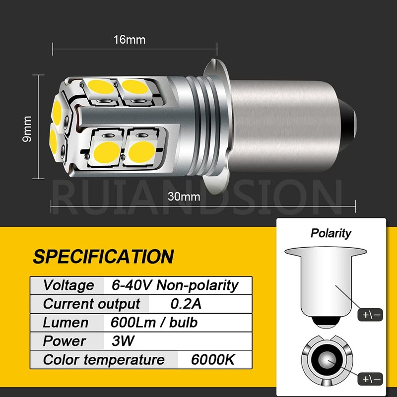 Ruiandsion White P13.5S LED Flashlight Bulb, 6-40V Universal Upgrade (6V/9V/12V/18V/19.2V/24V)