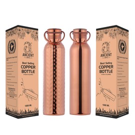 Ancient Impex Seamless Leak-Proof Water Bottle Set 1000 Ml (33.81 Fluid Ounce) | Set of Plain and Hammered Copper Water Bottle with Handle