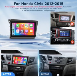2G+64G Android 13 Car Stereo for Honda Civic 2012-2015 with Wireless Carplay Android Auto, 9 Inch Touch Screen Radio Support GPS/WiFi/Bluetooth/FM/SWC/Backup Camera