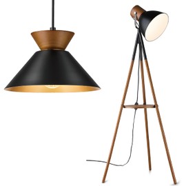 ELYONA Modern Solid Wood Hanging Lamp with Matte Black Metal Shade/Gold Inner Finish & Dimmable Tripod Floor Lamp with Table for Dining Room, Bedroom, Living Room, Hallway
