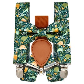 Qenidm Boy Suspenders Bow tie Set, Green Jungle Dinosaur Pattern