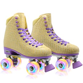 SMOOJOY Roller Skates for Women Girls and Kids, Light Up Wheels - Yellow Quad Outdoor PU Leather High-Top Design Derby Rollerskates for Beginners Youth Sizes 2 3 4 5 6 7 8 9 10 11