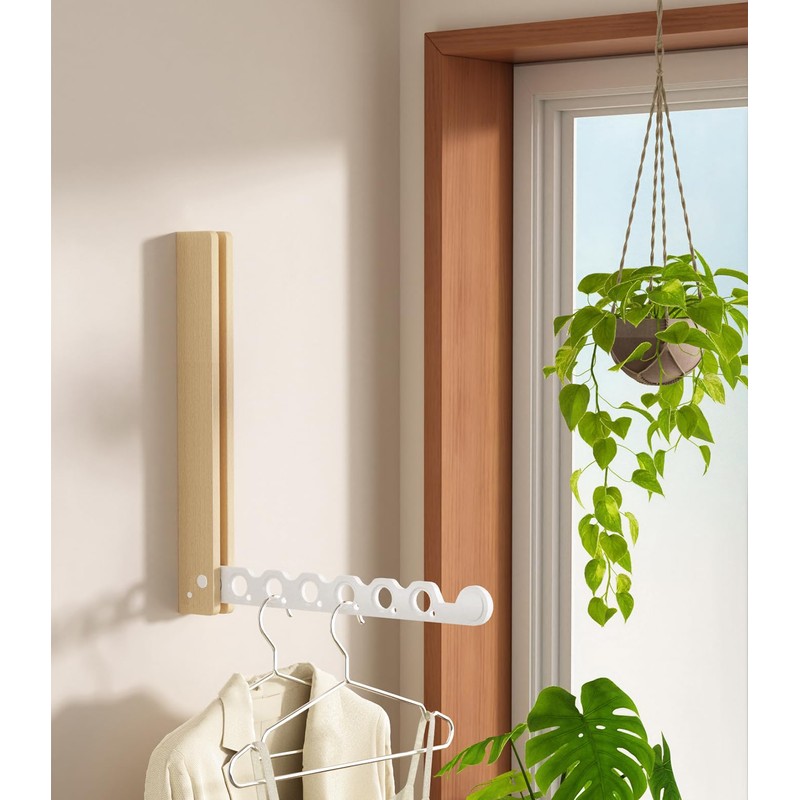 Natural Wood Folding Clothes Hanger Rack for Laundry Room, Wall