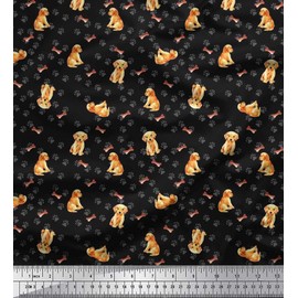 Soimoi Black Cotton Canvas Fabric Paw,Bone & Puppy Dog Print Fabric by The Yard 42 Inch Wide