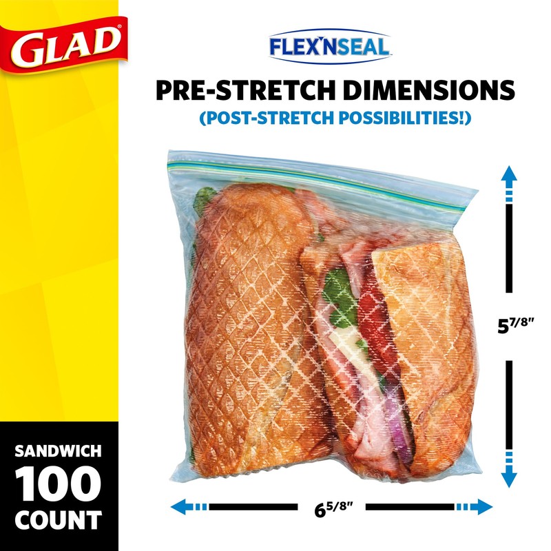 Glad Flex'N Seal Zipper Food Storage Sandwich Bags, Resealable Snack