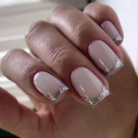 Press on Nails Medium Square Fake Nails Silver French Tip False Nails with Glitter Glossy Glue on Nails Full Cover Stick on Nails Exquisite Acrylic Nails Press ons for Women Manicure 24Pcs