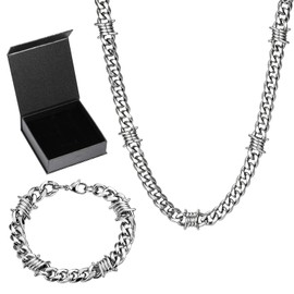 Kigeli Barbed Wire Necklace and Bracelet Set with Jewelry Box 9mm Punk Gothic Thorns Stainless Steel Chain for Men Women Silver Thick Heavy Cuban Link Chain, Emo Style Jewelry Gift