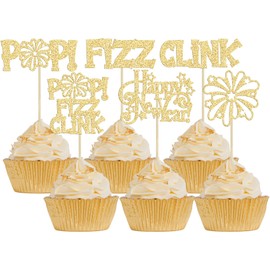 24 piezas de adornos para cupcakes de feliz año nuevo 2024 con purpurina de bienvenida 2024 fuegos artificiales Fizz Pop Clink decoraciones para cupcakes para 2024 Happy New Year, suministros para