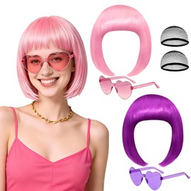 GOHOY Neon Bob Wigs with Heart Sunglasses & Hair Caps - Purple Pink Blue Green Short Party Wigs for Women Bachelorette Halloween Cosplay Themed Party Supplies (Pink,Purple)