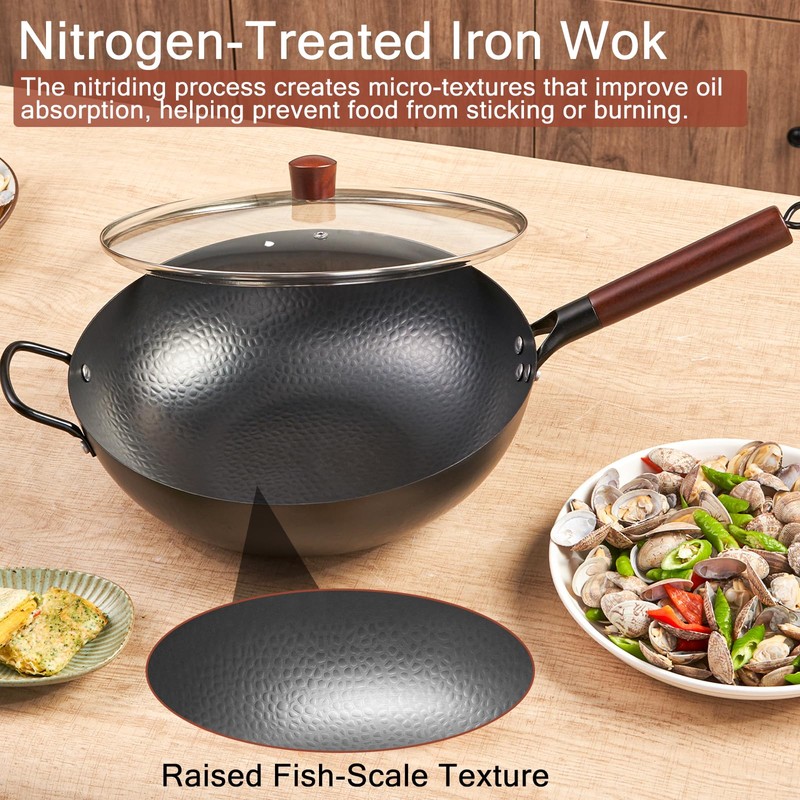Wrought Iron Flat Bottom Wok with Glass Lid – Detachable