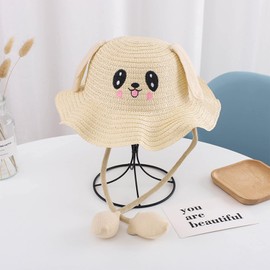 Kids Straw Sun Hat Funny Bucket Hat Wide Brim Summer Sun Protection Hat Children Foldable Beach Cap Cute Fisherman Hat UPF 50 Outdoor Sunblock Hat with Moving Ears for Girls Boys 4-8 Years Old