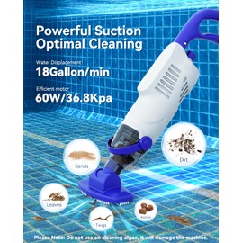 Cordless Pool Vacuum for Above Ground Pool, 60W Rechargeable Handheld Pool Vacuum Cleaner with Pole & 18GPM Suction, Spa Vacuum for Hot Tub, Above Ground/Inground Pools