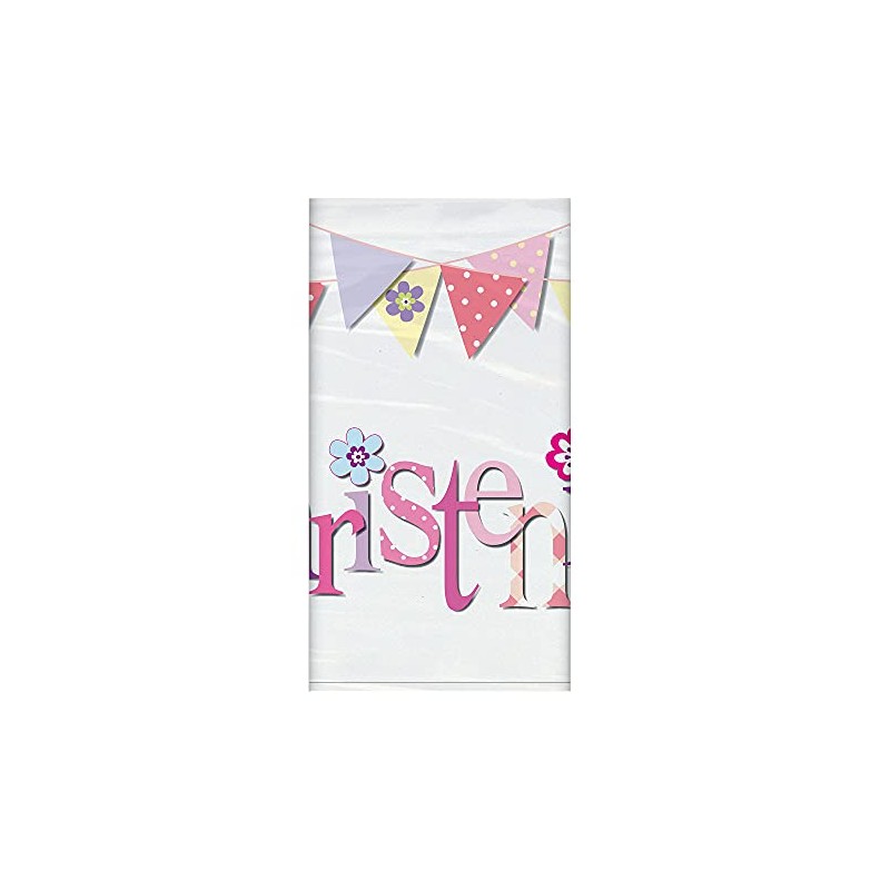 Unique Party 52033 - Plastic Pink Bunting Christening Tablecloth, 7ft