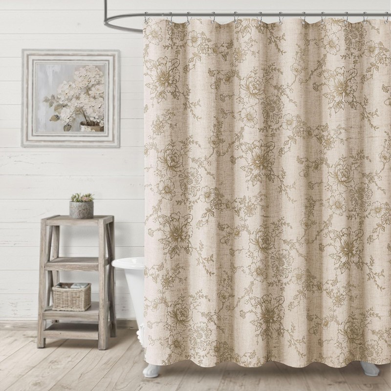 NDDYCU Farmhouse Floral Linen Shower Curtain, Vintage Beige Pattern Rustic