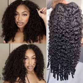 V Part Human Hair Wig for Women - 14 Inch Burmese Spirally Curly Glueless Clip-In Wig, 200% Density, No Glue No Sew, Natural Black Color, No Leave Out V Shape Wigs,Heat Resistant & Easy Install