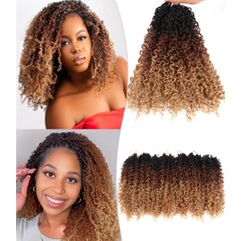 14 Inch Boho Yanky Twist Crochet Hair with Curly Ends Ombre Brown and Blonde Bouncy Passion Twist Synthetic Braids Pre-looped Micro Spring Twist Hair (T1B/30/27, 14 Inch (Pack of 7))