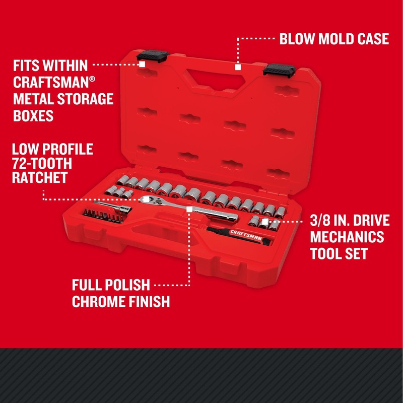 CRAFTSMAN Mechanics Tool Set, 33 Piece, 3/8 Inch Drive SAE/Metric