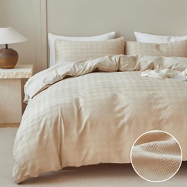 BISELINA 100% Cotton Waffle Weave Duvet Cover Set – Houndstooth Pattern, Soft & Lightweight Farmhouse Bedding, Breathable for All Seasons, 3PCS (1 Duvet Cover & 2 Pillow Shams) – Khaki, King Size