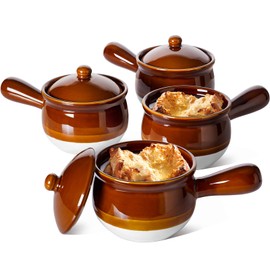 LE TAUCI French Onion Soup Bowls, 16 Ounce Ceramic Soup Bowls with Handles, Ceramic Soup Crocks with Lids for Soup, Cereal, Chilli, Beef Stew, Oven Safe Stackable Serving Bowls Set, Set of 4