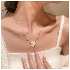 Inilbran Boho Pearl Flower Choker Necklace Gold Camellia Flower Pendant Necklace Vintage Pearl Chain Necklace Minimalist Camellia Necklace Choker for Women and Girls