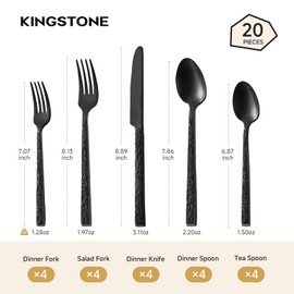 KINGSTONE 20 Pcs Black Hammered Silverware Set for 4, 18/10 Stainless Steel Heavy Duty Flatware Set, Tableware Cutlery Utensil Sets for Home Restaurant Dishwasher Safe