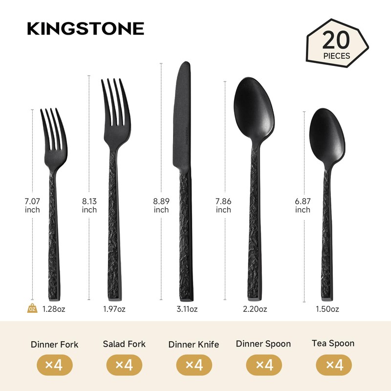 KINGSTONE 20 Pcs Black Hammered Silverware Set for 4, 18/10