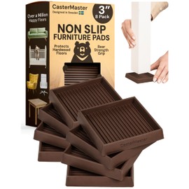 CasterMaster Non-Slip Furniture Pads Square Rubber Anti-Skid Caster Cups, Anti-Sliding Floor Protectors for Furniture (Brown, 3'' x 3'' - 8 Pack) - Floor Protectors for Chairs