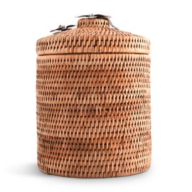 Vagabond House Wicker Ice Bucket with Pewter Orchid Knob, Stainless Steel Lining, Hand Woven Rattan, 8 Inches Tall - Perfect Beach Essentials, Beach House - Champagne Holder Basket Woven Decor