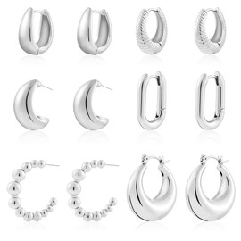 ALLHOLA 6 Pairs Gold Hoop Earrings for Women, 14K Gold Plated Lightweight Chunky Hoop Earrings Set Hypoallergenic, Thick Open Huggie Hoops Earrings Jewelry for Gifts. (02-Silver hoops)