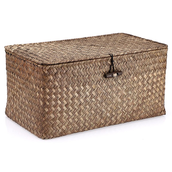 Hipiwe Wicker Shelf Baskets Bin with Lid, Handwoven Seagrass Basket Storage Bins Rectangular Household Basket Boxes for Shelf Wardrobe Home Organizer, Coffee Medium