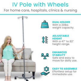 Vive IV Pole with Wheels - IV Fluids Bag Stand with 2 Hooks and Adjustable Height - Portable IV Pole for Home Care, Hospitals, Clinics and Travel - Safe and Easy to Move Medical IV Drip Stand