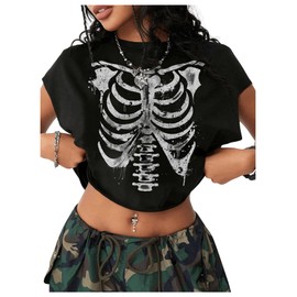 BEAUDRM Women's Figure Print Round Neck Crop Tee Casual Sleeveless Loose Fit Pullover T Shirt Black and Grey X-Large