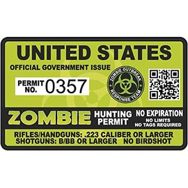 Zombie Hunting Permit United States 4" x 2.4" Outbreak Sticker